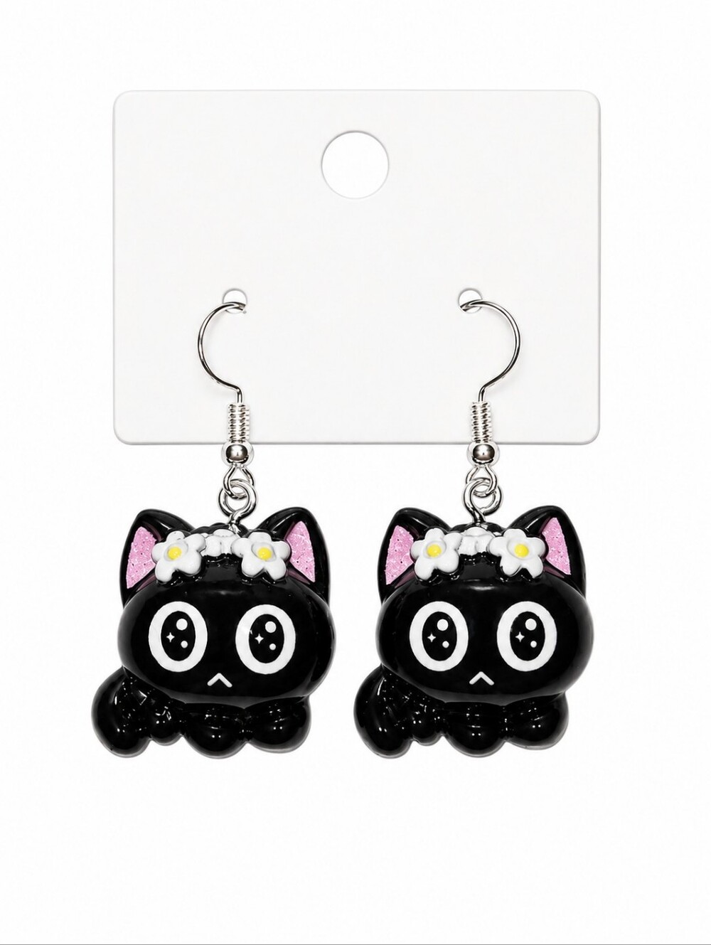 Cute Black Cat Fish Hook Dangle Earrings | Kawaii Floral Kitty | 2"